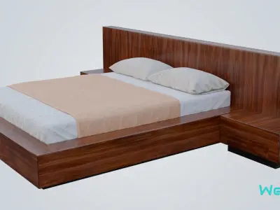 Bed with Wooden Headboard Low-poly 3D model