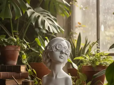 White Marble Woman Bust Sculpture Floral Blindfold Low-poly 3D model