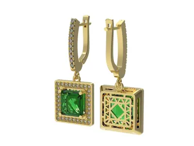 earrings 3D print model two with emerald stones and diamonds 3D print model