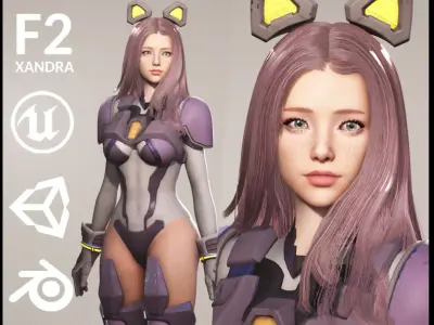 F2 Cyber Girl Celeste - Rigged Animated Modular Game Character Low-poly 3D model