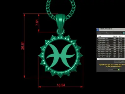 Sun Pisces Light Gold Pendant Version 7 3D print model