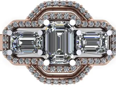 Modern Halo 3 Emerald Cut Stone Anniversary bridal set Rings 3D print model