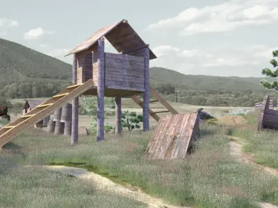 Paintball wooden structure in middle of grassy field 3D model