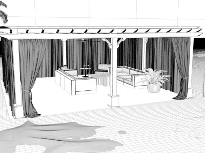 Cabana beach gazebo with curtains and surfboard 3D model