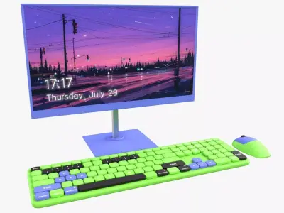 Wireles Computer Set Keyboard Mouse Monitor Green-Purple Version 3D model
