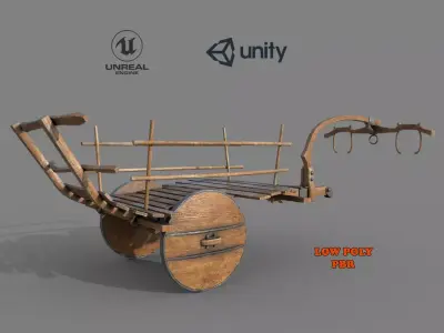 Wooden Medieval Ox Cart Low-poly 3D model