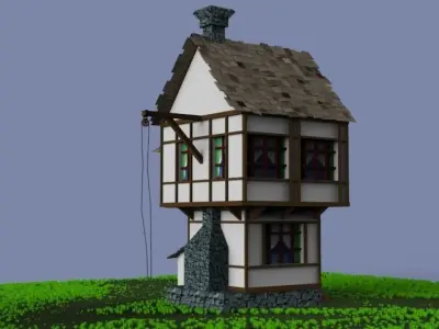 House on grassy field Low-poly 3D model