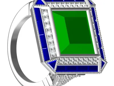 Fancy Green Princess and Blue Baguette Diamond Art Deco Ring 3D print model