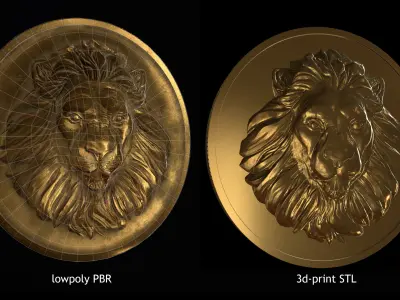 Lion Coin lowpoly PBR and Hipoly asset Low-poly 3D model