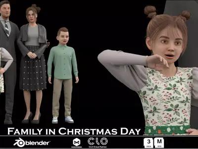Family in Christmas Day Low-poly 3D model