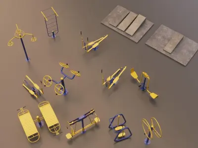 Detailed Outdoor Fitness Equipments Collection 3D Model 3D model