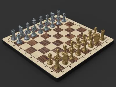 Chess Set board with gold and silver pieces 3D model