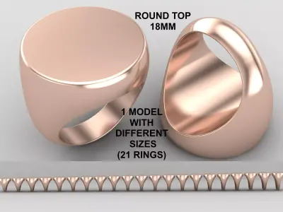Round Signet Ring Base 18MM top in All sizes 177-MWC 3D print model