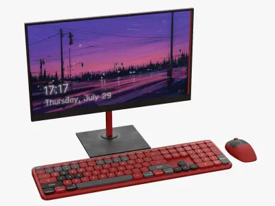 Wireles Computer Set Keyboard Mouse Monitor Berry Red Version 3D model