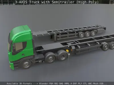 3-AXIS Truck with Semitrailer High-Poly Version 3D model