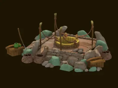 Cartoon  well stone  water vine tree fence  wooden fence 3D model