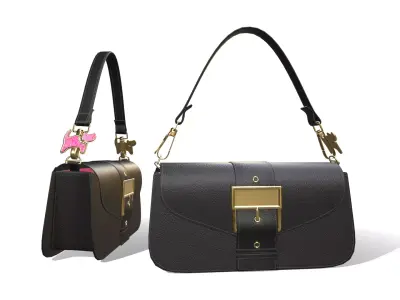 Black leather handbag with pink cat pendent  3D model