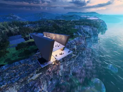 Revit Modern Mountain Cliff house on beach Lumion Revit 3D model