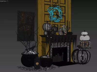 Halloween Fireplace Decor Scene Pumpkins Spooky Elements 3D model