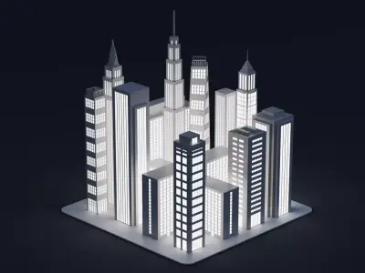 Paper City Block - Night Town Low-poly 3D model
