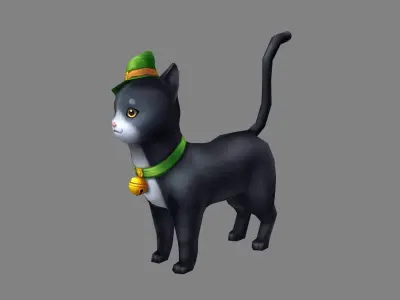Cartoon black cat wearing wizard hat Low-poly 3D model