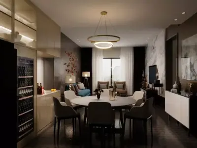modern living room and kitchen interior design with furniture 3D model
