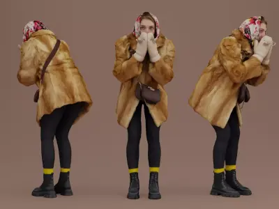 Elegant Woman Blowing Kiss in Fur Coat 3D model