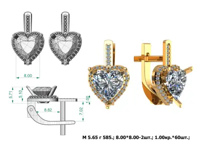 G0055 heart shaped diamond earrings gold 3D print model