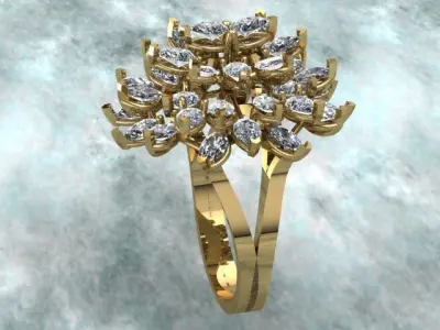 Flower Shaped Golden Marquise Diamond Luxury Ring 3D print model