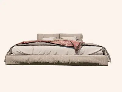 Double Bed with Pillows and Blanket - Modern Fabric and Wood 3D model