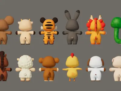 Rigged Cartoon Animals Collection Pack-001 Low-poly 3D model