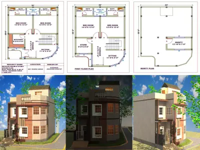 3D HOUSE PLAN WITH 2D PLAN AND DETAILS Low-poly 3D model