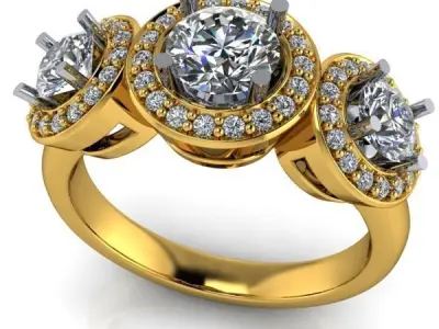 Modern 3 Stone Anniversary Halo Bridal Wedding Set Rings 3D print model