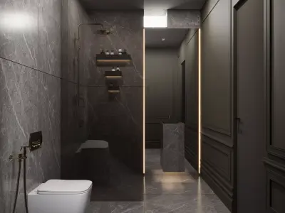 Luxury Bathroom-Gray Stone Finish with Warm Accent Lighting 3D model