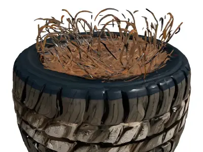 Worn Tire Planter Dry Grass Low-poly 3D model