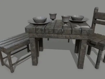 Medieval Set wooden chair Low-poly 3D model