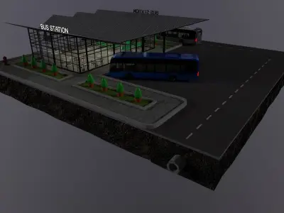 low-poly 3D PBR set City Bus station Low-poly 3D model