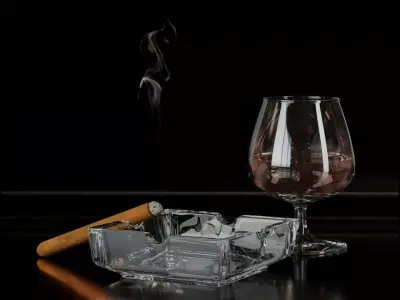 Whiskey with ashtray and cigar 3D model