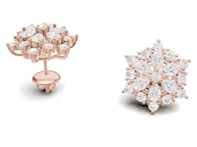 Floral Diamond Stud Earrings with Pear Round Cluster 3D print model