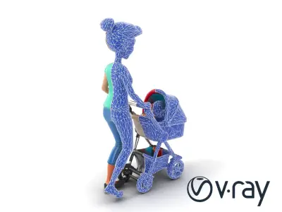 Cartoon Woman with Stroller Character model pack Low-poly 3D model