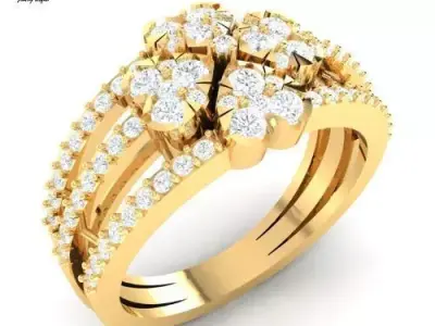 Double Floral Cluster Gold Ring   Diamond-Style Jewelry  3D print model
