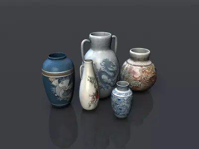 Low poly asian pottery collection Low-poly 3D model