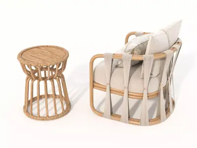 Rattan Coffee Table and Chair Set 6 3D model