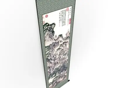 Chinese Hanging Scroll Brush Painting - Chinese Mountain Scenery Low-poly 3D model