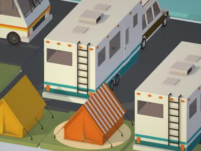 isometric transport holiday BBQ camping Low-poly 3D model