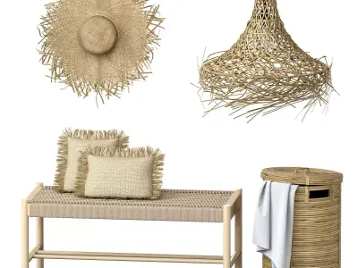 Wicker bamboo decor bathroom set 01 3D model