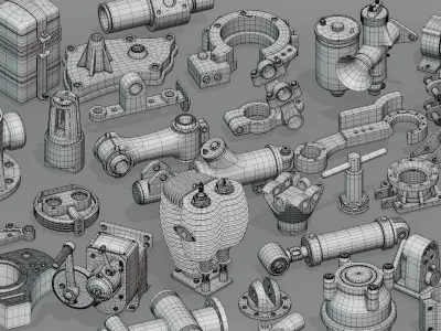 Hard Surface Mechanical Kitbash  Quad Topology  Bundle 3D Model Collection