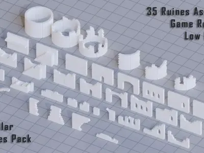 35 Modulars game assets ruines Low-poly 3D model