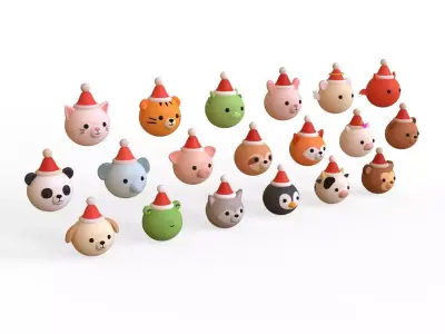 Cute Christmas Animal Head Pack 01 Low-poly 3D model