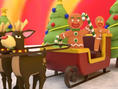 Christmas sleigh With Deers And decoration Low-poly 3D model